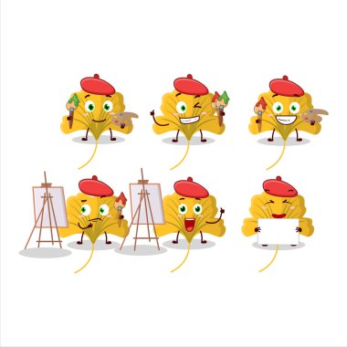 Ginko sarı yaprak çizgi film karakteri fırçalı sanatçı. Vektör illüstrasyonu