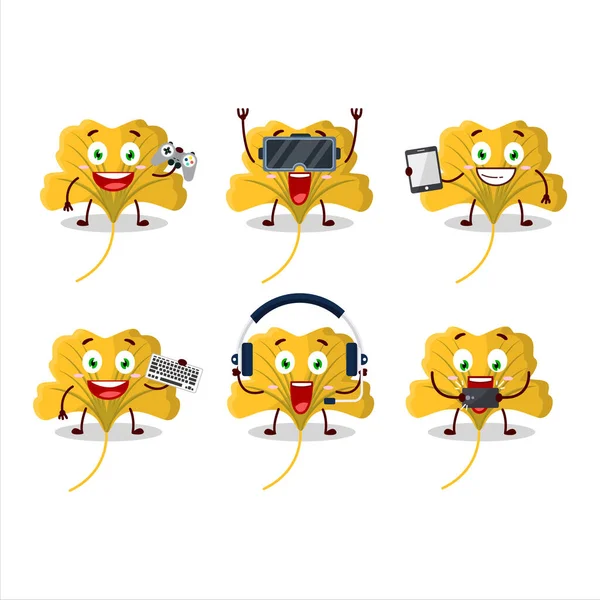 Ginko sarı yaprak çizgi film karakteri çeşitli şirin ifadelerle oyunlar oynuyor. Vektör illüstrasyonu