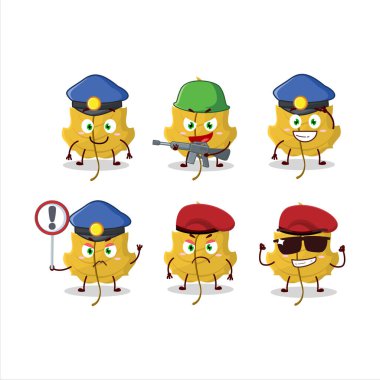 Fındık yaprağı maskotu tasarım tarzında kendini işine adamış bir polis memuru. Vektör illüstrasyonu