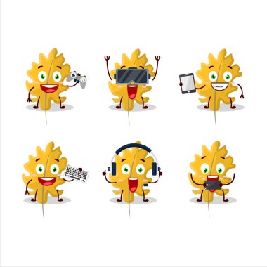 Meşe sarısı yapraklı melek çizgi film karakteri çeşitli şirin duygu simgeleriyle oyunlar oynuyor. Vektör illüstrasyonu