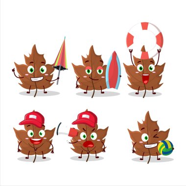 Happy Face akçaağaç yapraklı karikatür karakteri sahilde oynuyor. Vektör illüstrasyonu