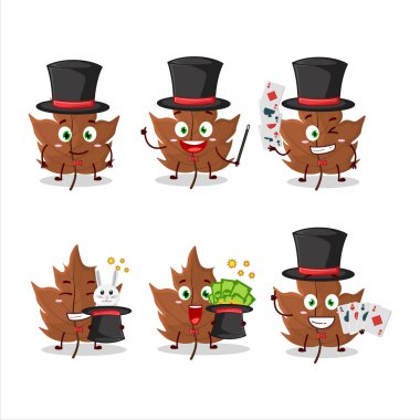 Akçaağaç yapraklı bir büyücü çizgi film karakteri sahnede performans sergiliyor. Vektör illüstrasyonu