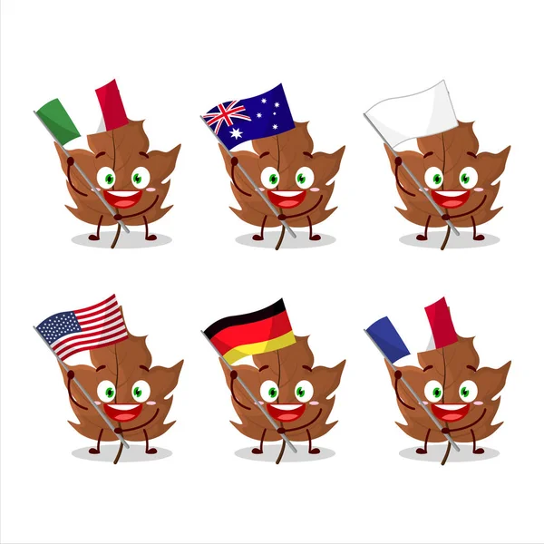 Maple Dried Leaf Cartoon Character Bring Flags Various Countries Vector — Stock Vector