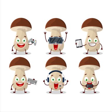 Boletus edulis çizgi film karakteri çeşitli şirin duygu simgeleriyle oyunlar oynuyor. Vektör illüstrasyonu