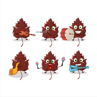 Hawthorn yaprağının çizgi film karakteri müzik enstrümanları çalıyor. Vektör illüstrasyonu