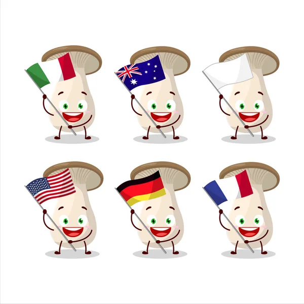 King Trumpet Cartoon Character Bring Flags Various Countries Vector Illustration — Stock Vector