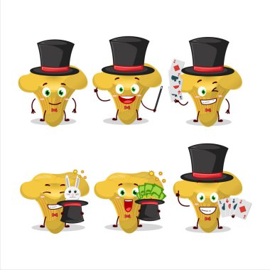 Bir Chanterelle Sihirbaz çizgi film karakteri sahnede gösteri yapıyor. Vektör illüstrasyonu