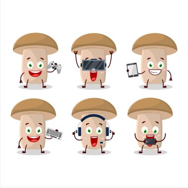 Bal mantarı çizgi film karakteri çeşitli şirin ifadelerle oyunlar oynuyor. Vektör illüstrasyonu