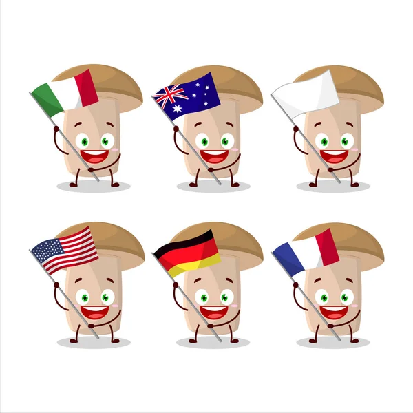 Honigpilz Cartoon Figur Bringen Die Flaggen Der Verschiedenen Länder Vektorillustration — Stockvektor