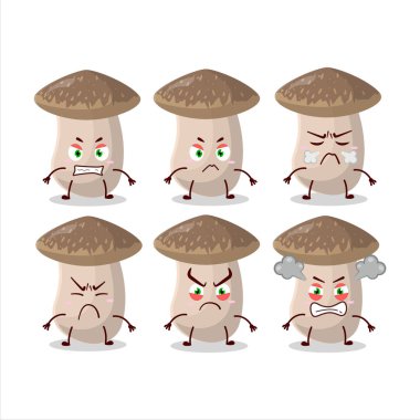 Çeşitli kızgın ifadeleri olan Shiitake çizgi film karakteri. Vektör illüstrasyonu