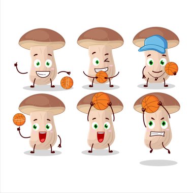 Basketbol atleti olarak yetenekli kahverengi şapka boletus çizgi film karakteri. Vektör illüstrasyonu
