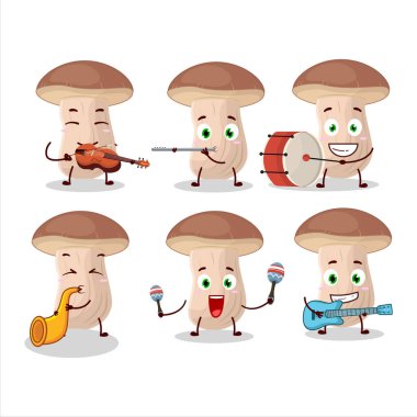 Kahverengi şapka boletus 'un müzik enstrümanları çalan çizgi film karakteri. Vektör illüstrasyonu