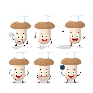 Shimeji 'nin çeşitli şef simgeleriyle çizgi film karakteri. Vektör illüstrasyonu