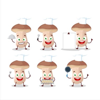 Çeşitli şef simgeleriyle kahverengi şapka boletus çizgi film karakteri. Vektör illüstrasyonu