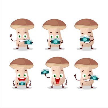 Kahverengi şapka boletus çizgi film karakterli fotoğrafçı mesleği simgesi. Vektör illüstrasyonu