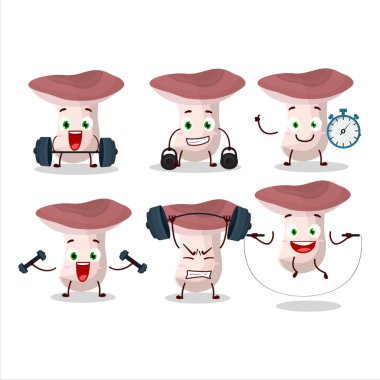 Sağlıklı bir rassula çizgi film stili fitness merkezinde bazı aletler deniyor. Vektör illüstrasyonu