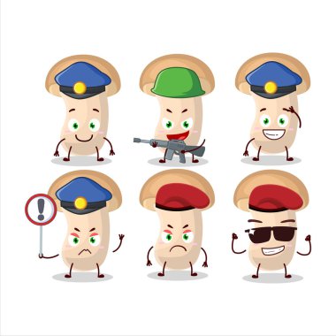 Dilimlenmiş enokitake maskotu tasarımı yapan kendini işine adamış bir polis memuru. Vektör illüstrasyonu