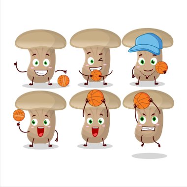 Basketbol atleti olarak yetenekli bir süt mantarı çizgi film karakteri. Vektör illüstrasyonu