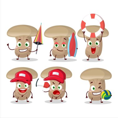 Neşeli Surat, sahilde oynayan bir çizgi film karakteri. Vektör illüstrasyonu