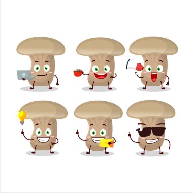 Çeşitli iş simgelerine sahip süt mantarı çizgi film karakteri. Vektör illüstrasyonu