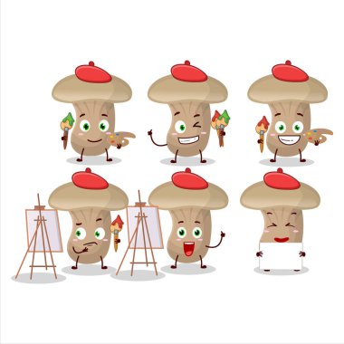 Süt mantarı çizgi film karakteri fırçayla resim sanatçısı. Vektör illüstrasyonu