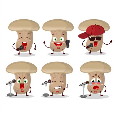 Süt mantarının ünlü bir şarkı söylediği şirin bir çizgi film tasarımı. Vektör illüstrasyonu