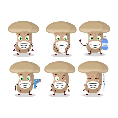 Süt mantarı çizgi film tasarımının bir resmi salgın sırasında sağlıklı kalmaya devam ediyor. Vektör illüstrasyonu