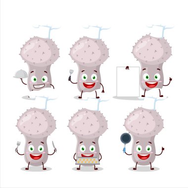 Çeşitli şef simgeleriyle tütsülenmiş topun çizgi film karakteri. Vektör illüstrasyonu