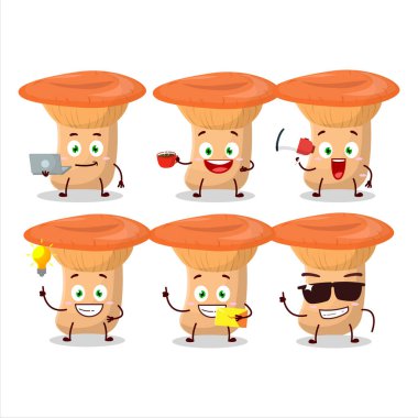 Safron milkcap çizgi film karakteri ve çeşitli iş simgeleri. Vektör illüstrasyonu