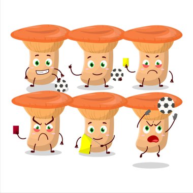 Safron Milkcap çizgi film karakteri futbol hakemi olarak çalışıyor. Vektör illüstrasyonu