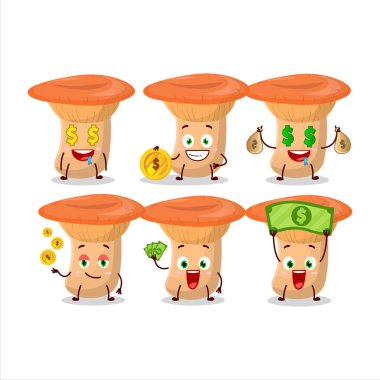 Safron Milkcap çizgi film karakteri, şirin bir ifade ile para getiriyor. Vektör illüstrasyonu