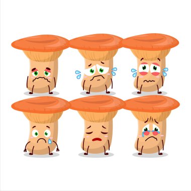 Safron milkcap karikatürü hüzünlü bir ifadeyle karakterde. Vektör illüstrasyonu