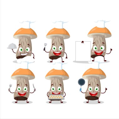 Scaber 'ın çizgi film karakteri, çeşitli şef simgeleriyle takip ediyor. Vektör illüstrasyonu