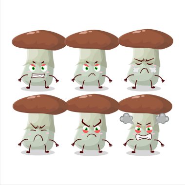 Değişik kızgın ifadeleri olan Suillus mantar çizgi film karakteri. Vektör illüstrasyonu
