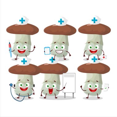 Suillus mantarı çizgi film karakteri olan doktor mesleği simgesi. Vektör illüstrasyonu