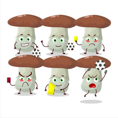 Suillus mantar çizgi film karakteri futbol hakemi olarak çalışıyor. Vektör illüstrasyonu