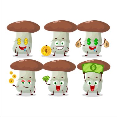 Suillus mantar çizgi film karakteri ve şirin emotikli para getiriyor. Vektör illüstrasyonu
