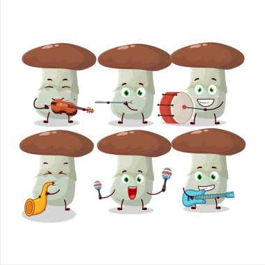 Suillus mantarının çizgi film karakteri müzik enstrümanları çalıyor. Vektör illüstrasyonu