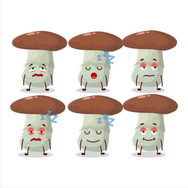 Uykulu ifadeli suillus mantarının çizgi film karakteri. Vektör illüstrasyonu
