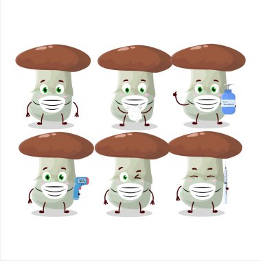 Suillus mantarı çizgi film tasarım tarzının bir resmi salgın sırasında sağlıklı kalmaya devam ediyor. Vektör illüstrasyonu