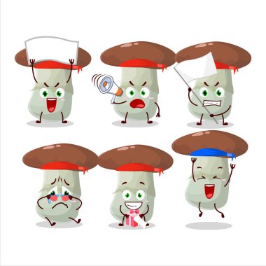 Çekici bir destekçi olarak suillus mantar karakterinin maskot tasarımı stili. Vektör illüstrasyonu