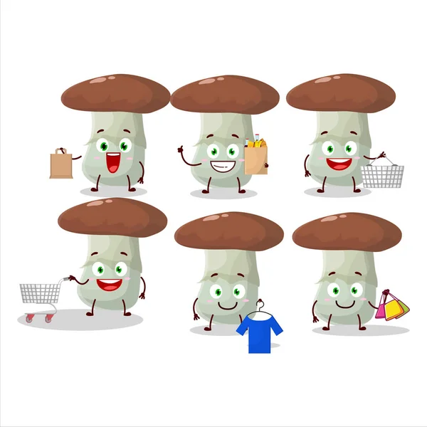 一个富饶的蘑菇吉祥物设计风格去购物 矢量说明 — 图库矢量图片