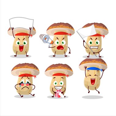 Çekici bir destekçi olarak yeni cep mantarı karakterinin maskot tasarımı. Vektör illüstrasyonu