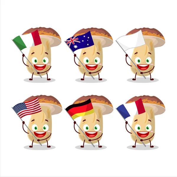 New Cep Mushroom Cartoon Character Bring Flags Various Countries Vector — Stock Vector