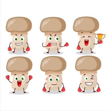 Spor düğmeli mantar boks sporu çizgi film maskotu tasarımı. Vektör illüstrasyonu