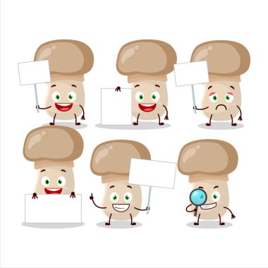 Düğmeli mantar çizgi film karakteri bilgi panosunu getir. Vektör illüstrasyonu