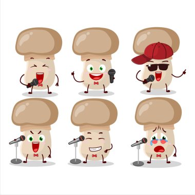 Sevimli bir çizgi film dizayn konsepti. Düğme mantarı ünlü bir şarkı söylüyor. Vektör illüstrasyonu