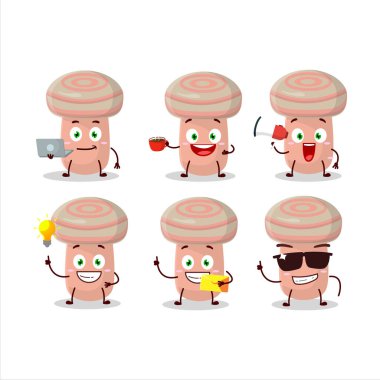 Mercan sütlü çizgi film karakteri ve çeşitli iş simgeleri. Vektör illüstrasyonu