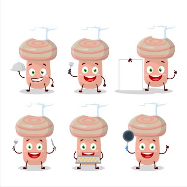 Çeşitli şef simgeleriyle mercan sütlü şapkanın çizgi film karakteri. Vektör illüstrasyonu