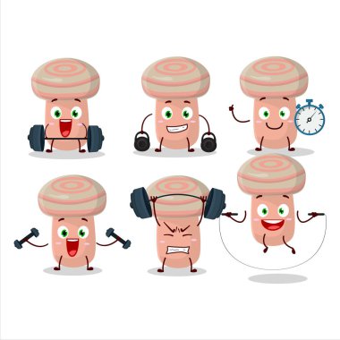 Sağlıklı bir mercan sütlü çizgi film stili Fitness merkezinde bazı aletler deniyor. Vektör illüstrasyonu